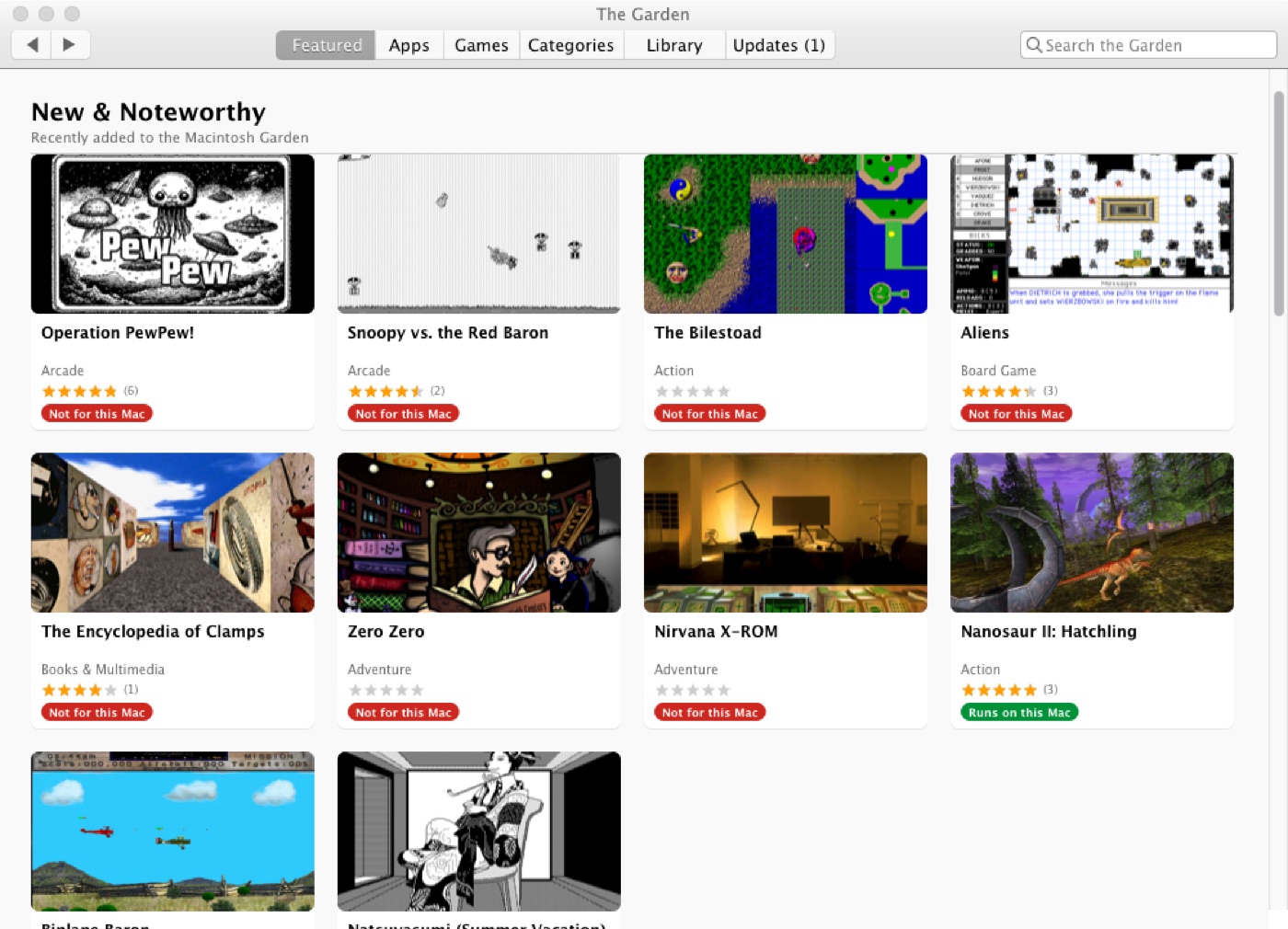 The Garden&rsquo;s Featured page, a grid of New and Noteworthy titles with ratings