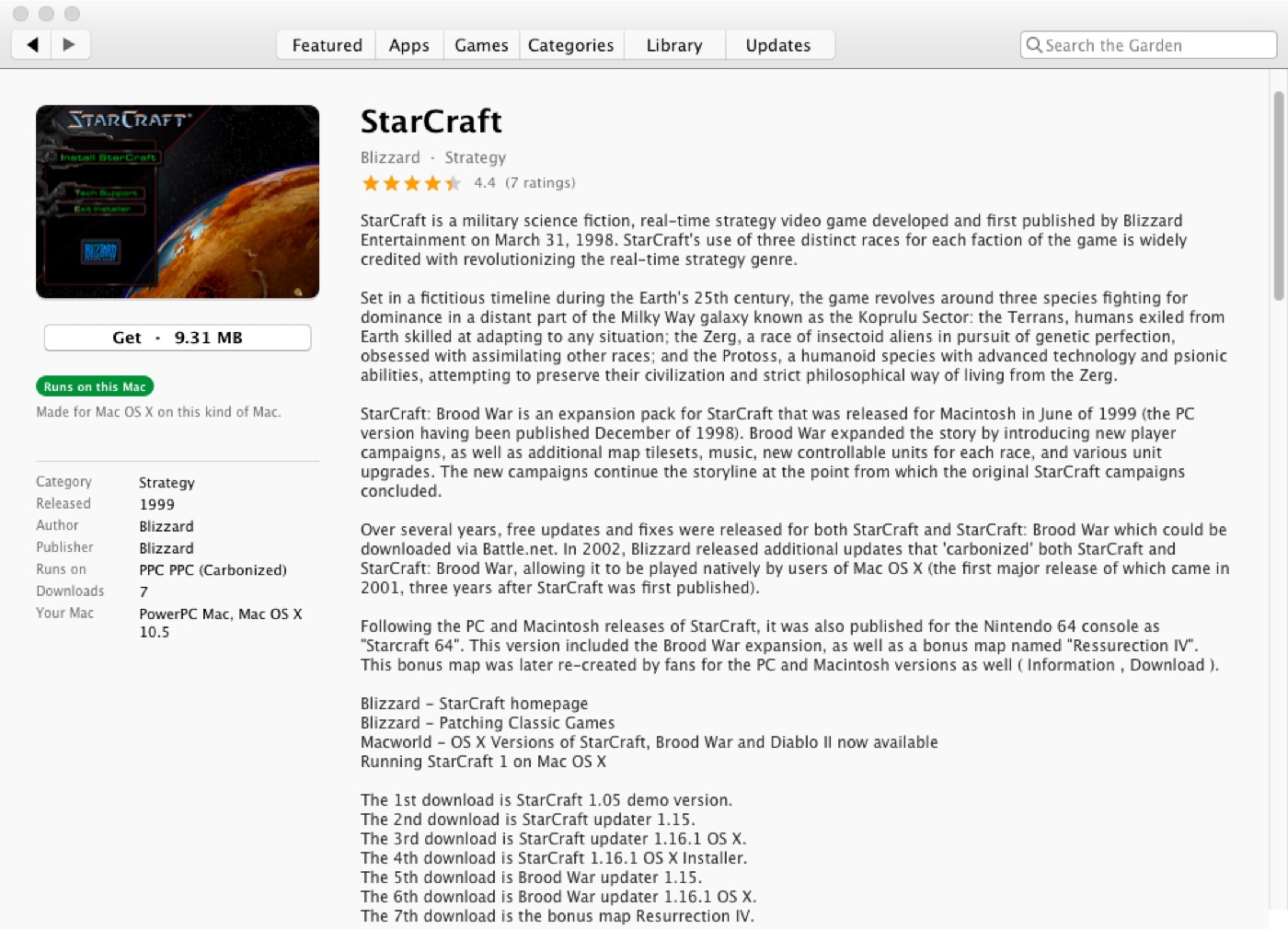 A game&rsquo;s item page, with screenshots, rating and every download listed