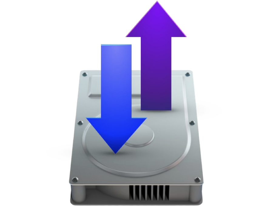 A hard drive with arrows moving data in and out